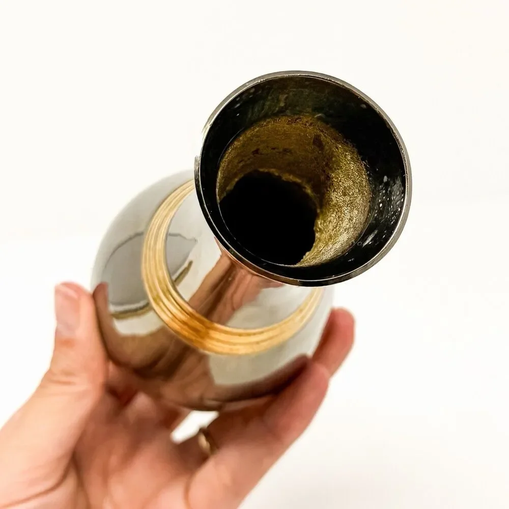 Vintage Silver Tone Metal Bud Vase Brass Bands Made In India Modern Decor 6.5”